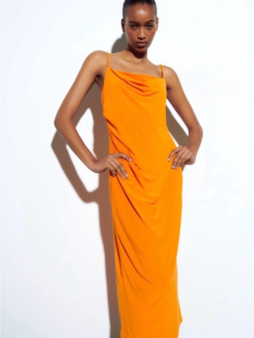 NEW! Zara Vibrant Orange Cowl-Neck Spaghetti Strap Dress size small